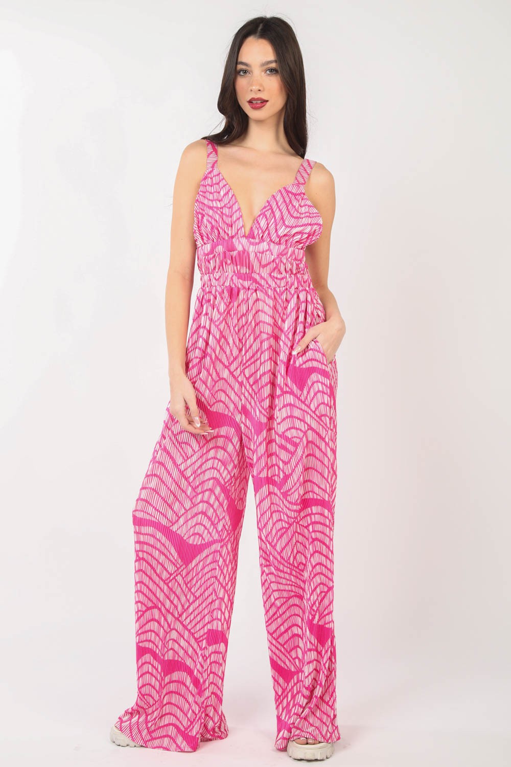 VERY J Printed Pleated Sleeveless Wide Leg Jumpsuit HOTPINK for a perfect OOTD – dress to impress outfits from Amexza