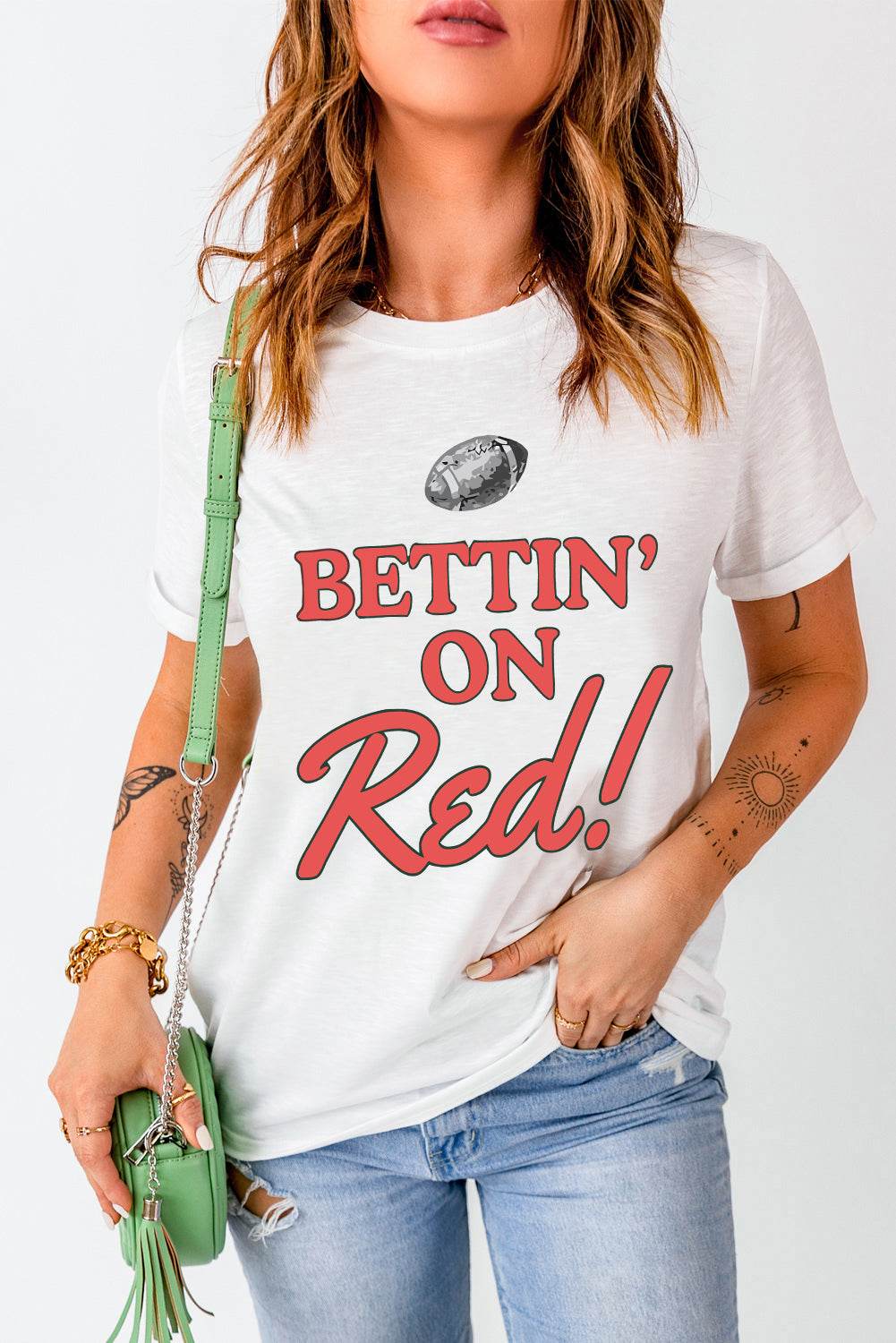 Letter Graphic Round Neck Short Sleeve T-Shirt Scarlet for a perfect OOTD – dress to impress outfits from Amexza