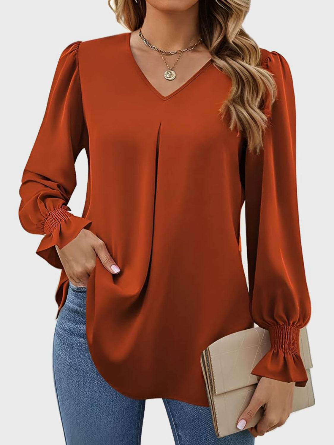 V-Neck Flounce Sleeve Top Terracotta for a perfect OOTD – dress to impress outfits from Amexza