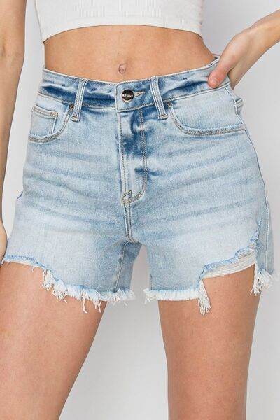 RISEN Full Size High Waist Frayed Detail Denim Shorts - Amexza