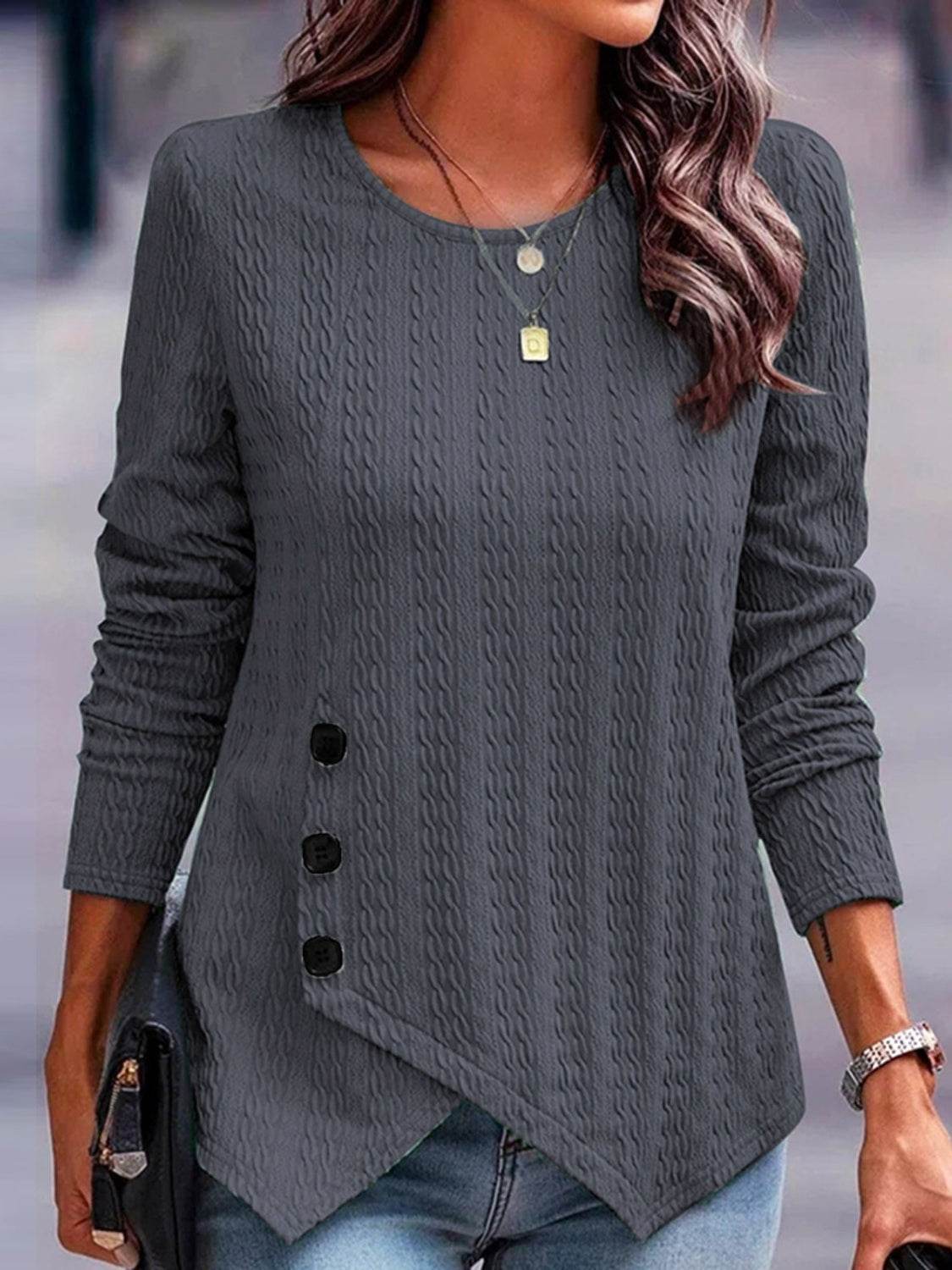 Decorative Button Round Neck Long Sleeve Top Dark Gray for a perfect OOTD – dress to impress outfits from Amexza