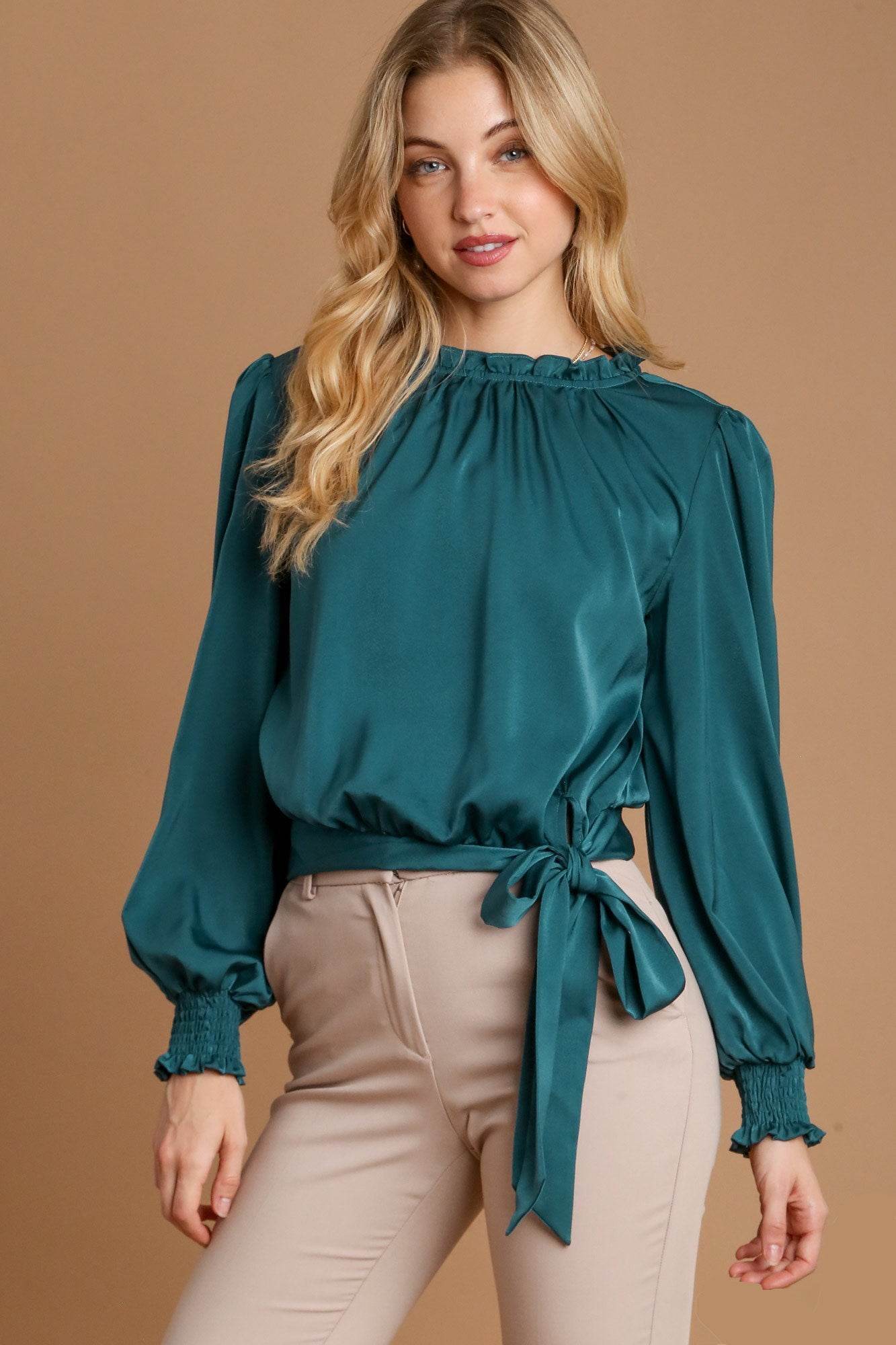 Umgee Frill Tied Hem Long Sleeve Blouse Deep Teal for a perfect OOTD – dress to impress outfits from Amexza