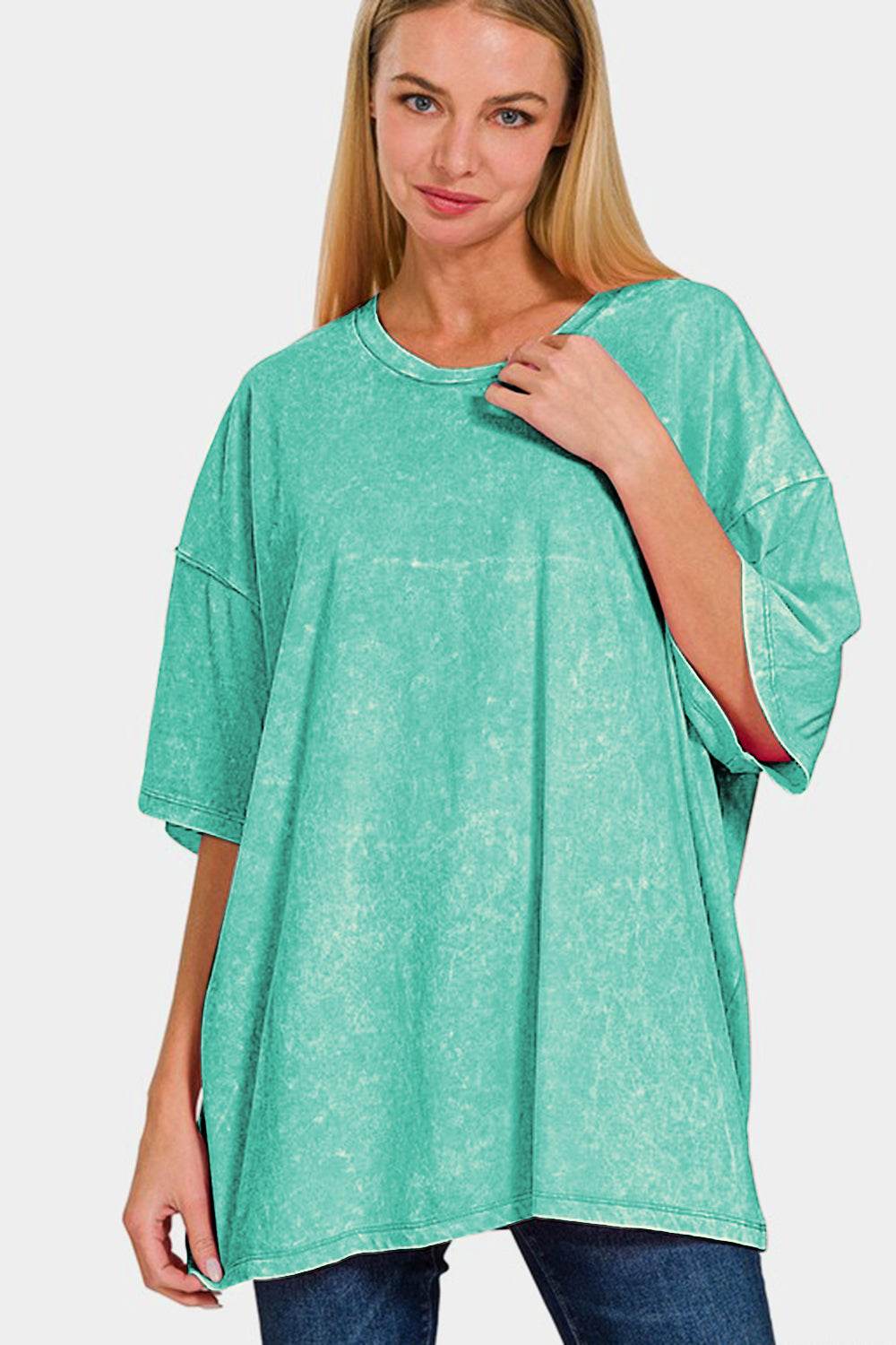 Zenana Full Size Washed Round Neck Drop Shoulder Oversized T-Shirt for a perfect OOTD – dress to impress outfits from Amexza