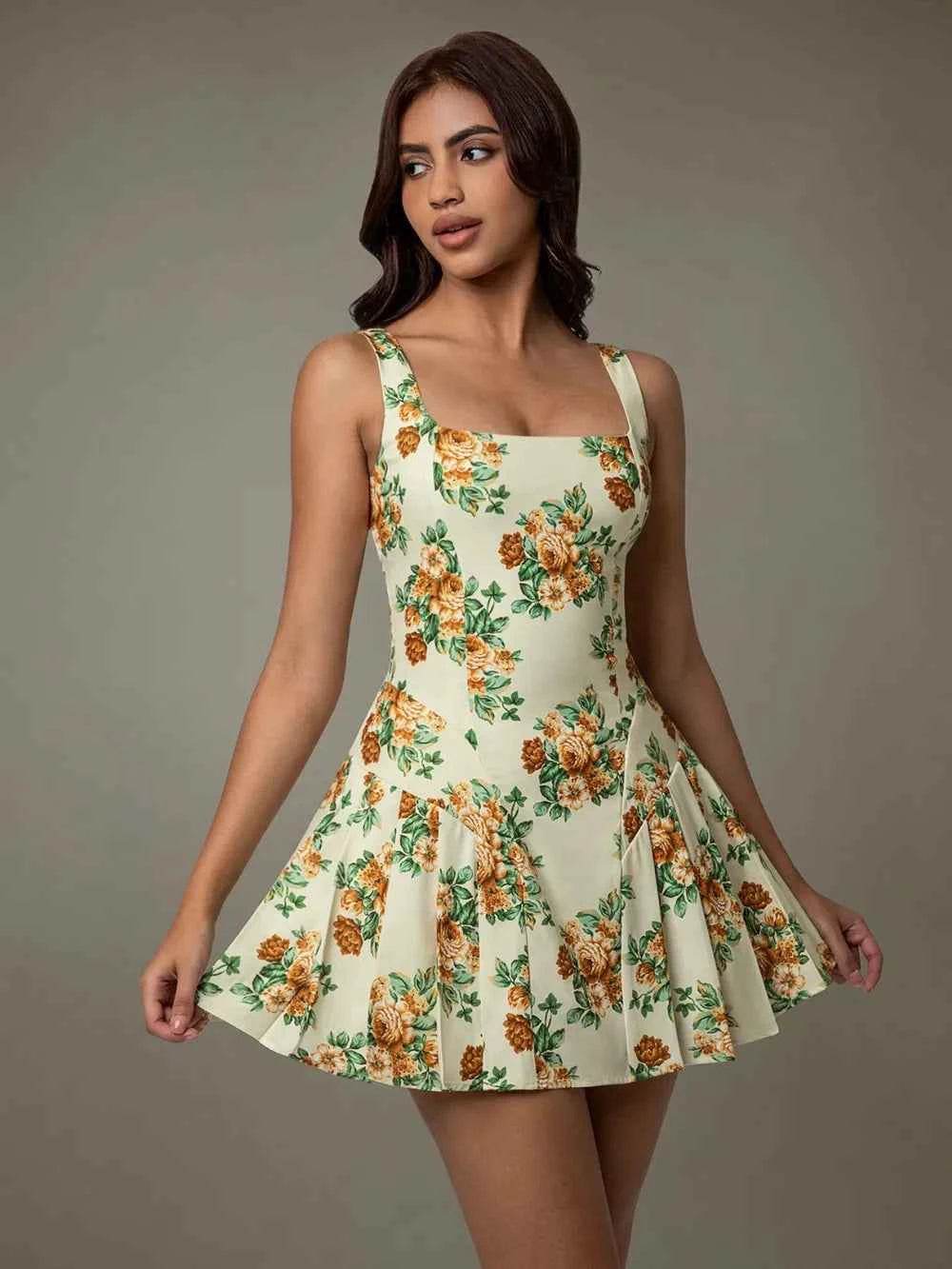 Floral Sleeveless Mini Pleated Dress Pastel Yellow for a perfect OOTD – dress to impress outfits from Amexza