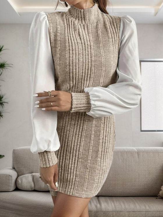 Ribbed Contrast Long Sleeve Sweater Dress - Amexza