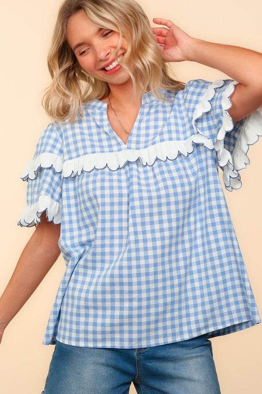 Haptics Full Size Plaid Scallop Hem Notched Short Sleeve Blouse Sky Blue for a perfect OOTD – dress to impress outfits from Amexza