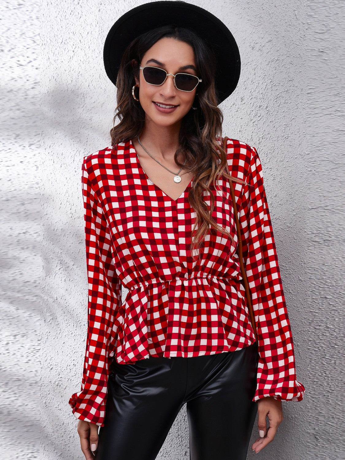 Plaid V-Neck Balloon Sleeve Peplum Blouse Deep Red for a perfect OOTD – dress to impress outfits from Amexza