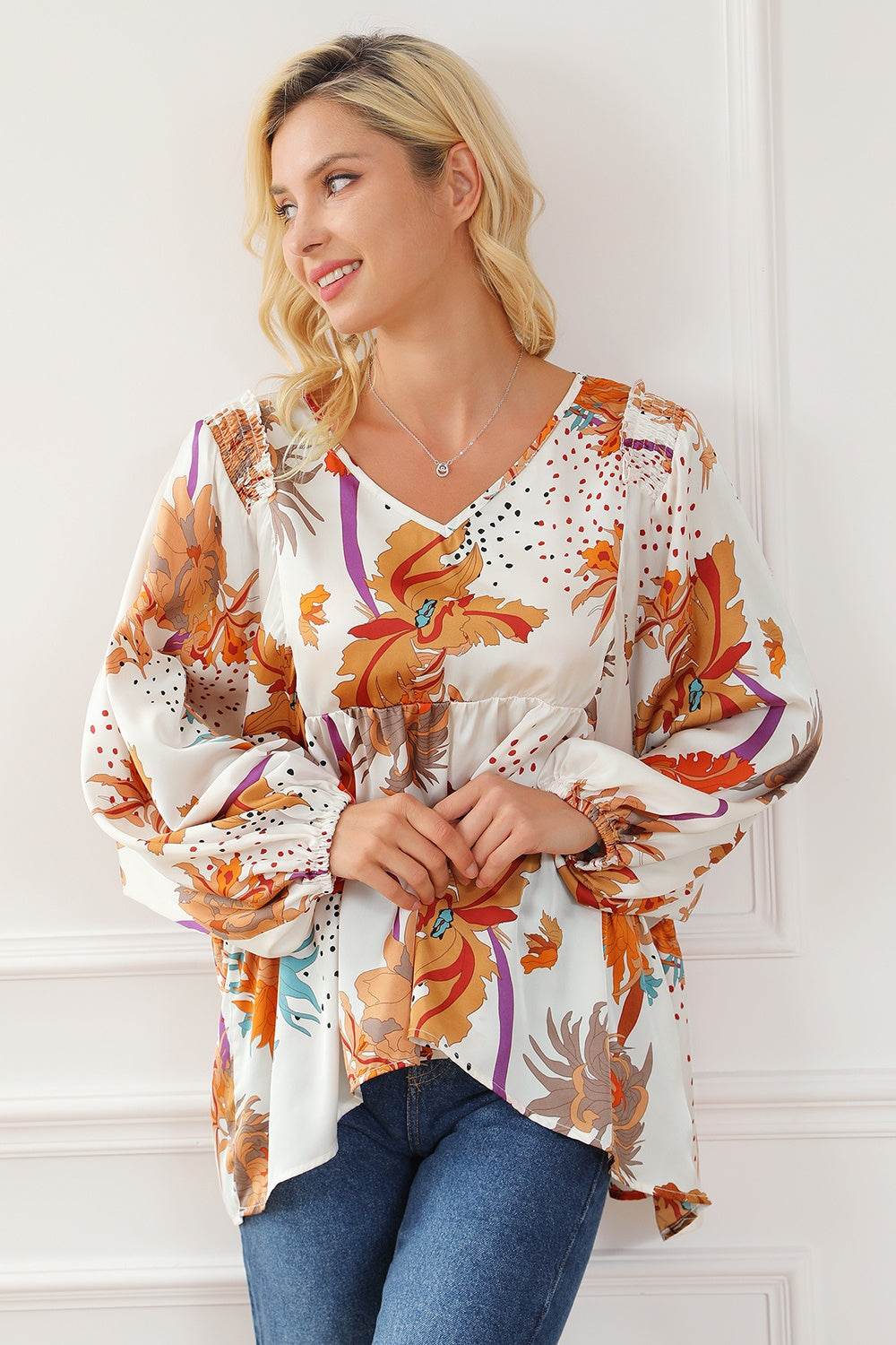 Printed V-Neck Smocked Balloon Sleeve Blouse for a perfect OOTD – dress to impress outfits from Amexza