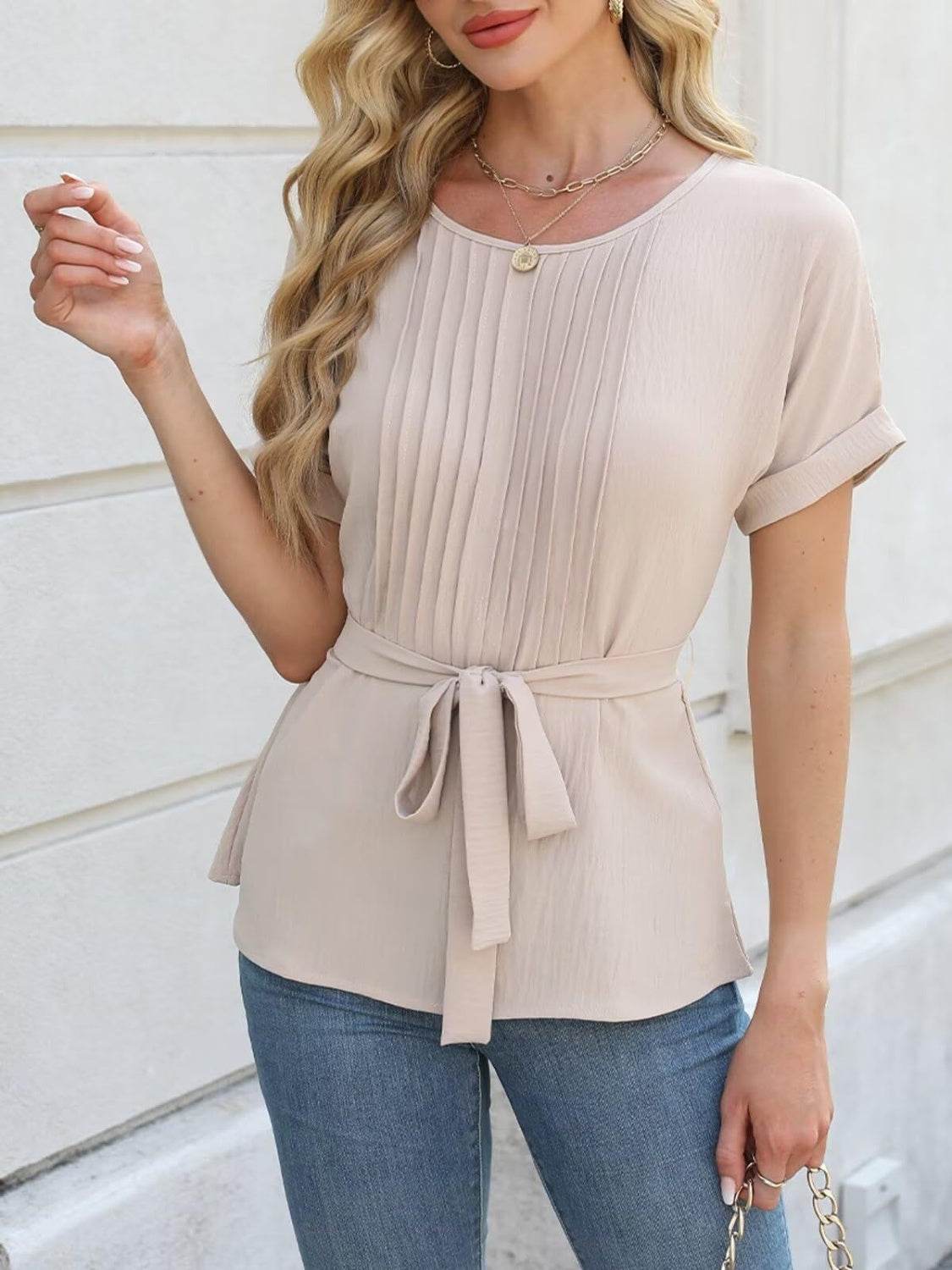 Tied Pleated Round Neck Short Sleeve Top for a perfect OOTD – dress to impress outfits from Amexza