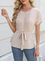 Tied Pleated Round Neck Short Sleeve Top - Amexza