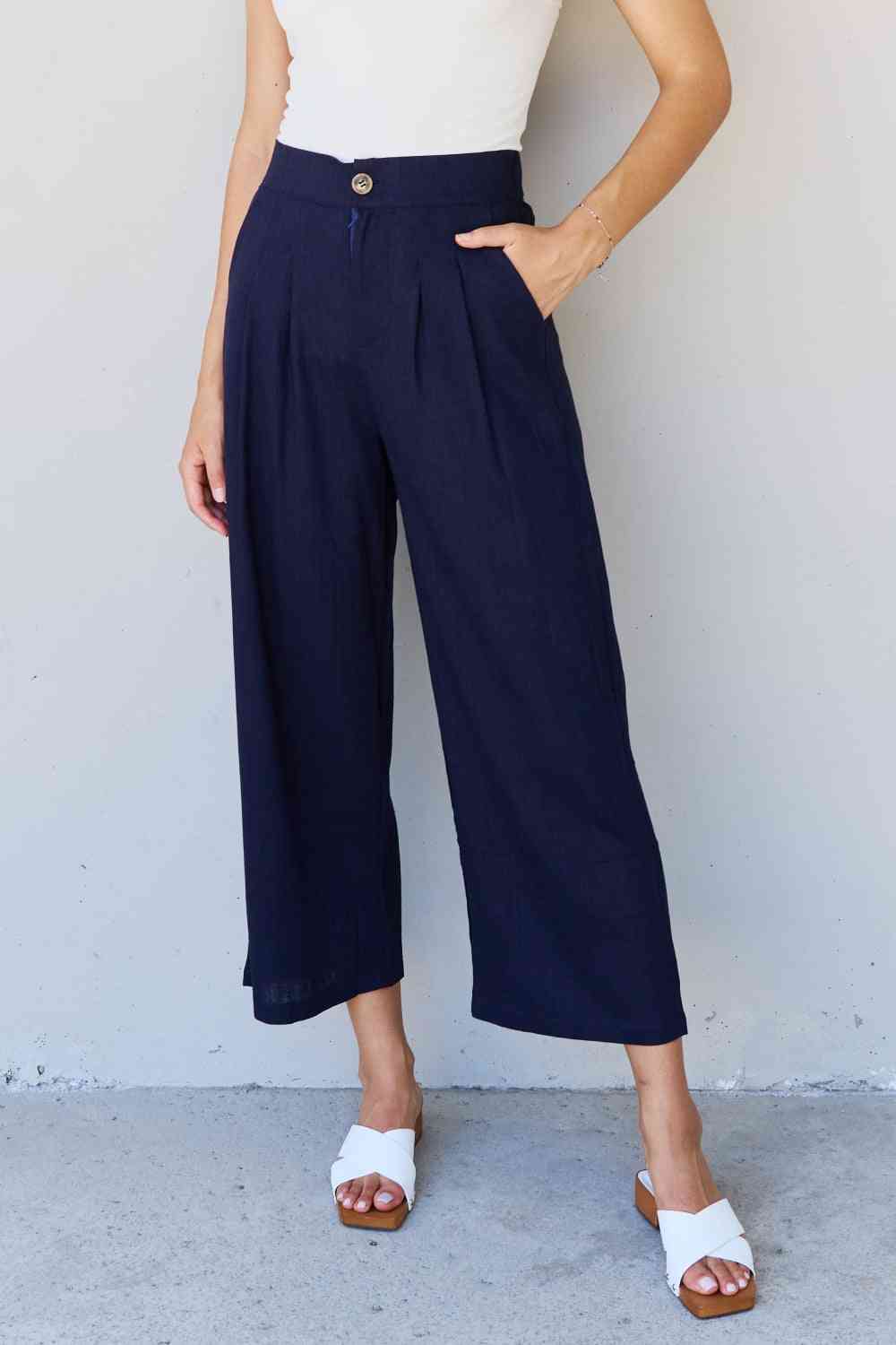 And The Why In The Mix Full Size Pleated Detail Linen Pants in Dark Navy Dark Blue for a perfect OOTD – dress to impress outfits from Amexza