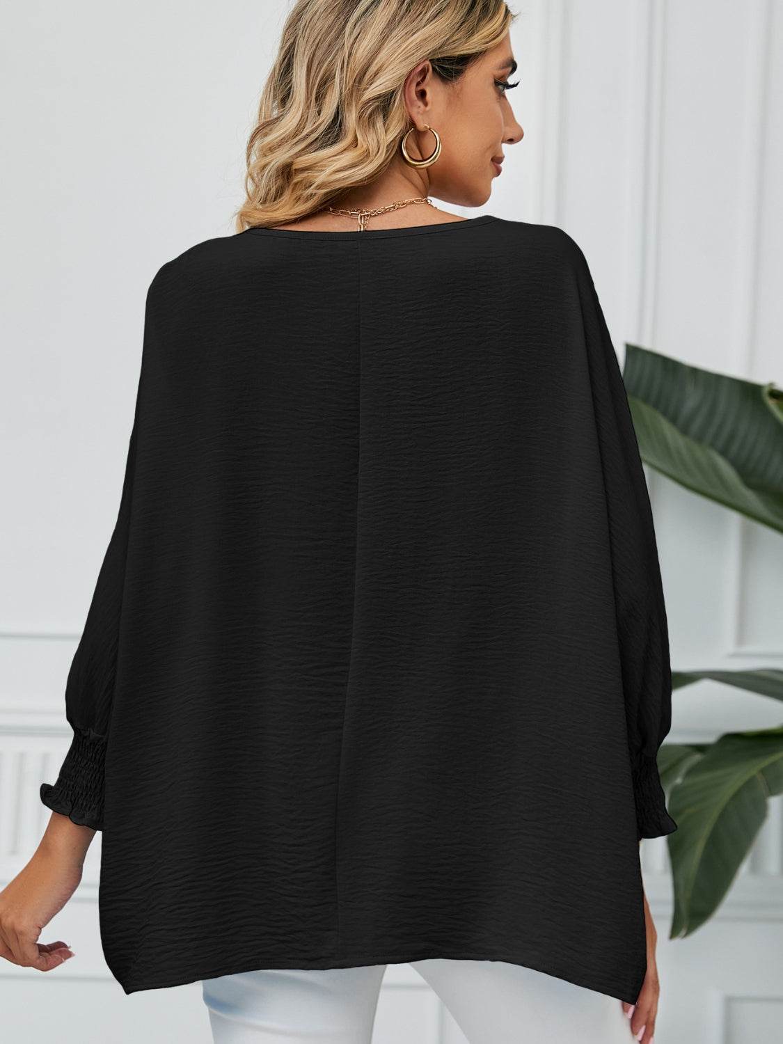 Smocked Lantern Sleeve Round Neck Blouse for a perfect OOTD – dress to impress outfits from Amexza