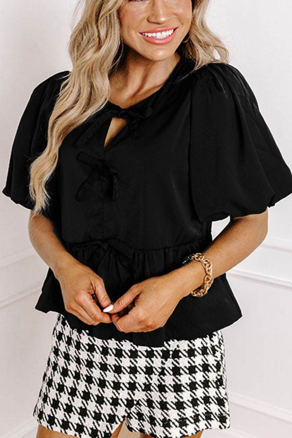 Cutout Round Neck Puff Sleeve Blouse for a perfect OOTD – dress to impress outfits from Amexza