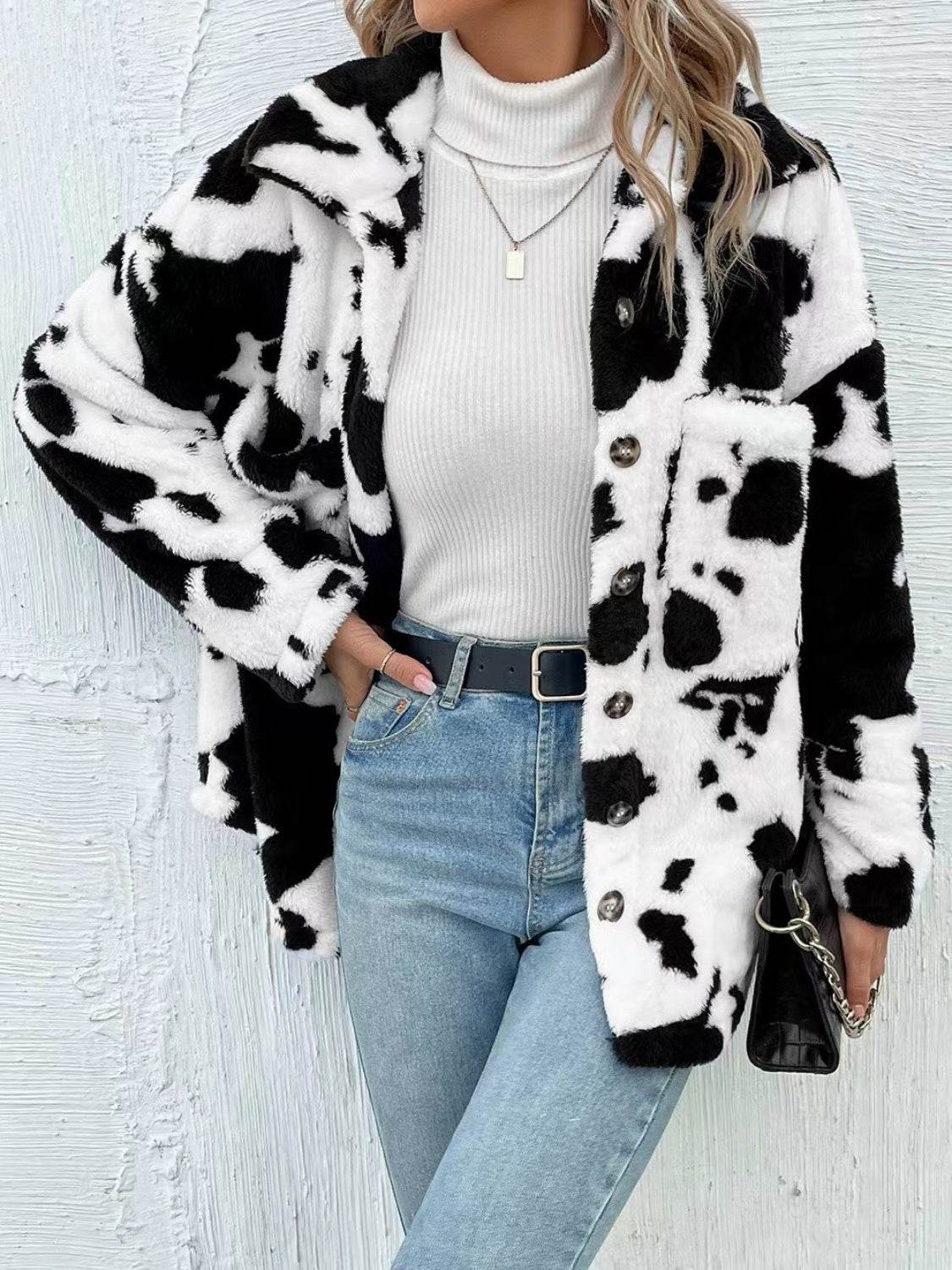 Cow Print Collared Neck Button Up Fuzzy Jacket White for a perfect OOTD – dress to impress outfits from Amexza