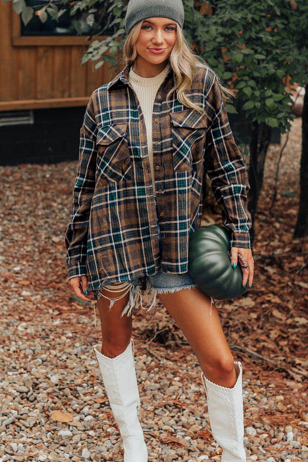 Plaid Collared Neck Button Up Jacket for a perfect OOTD – dress to impress outfits from Amexza