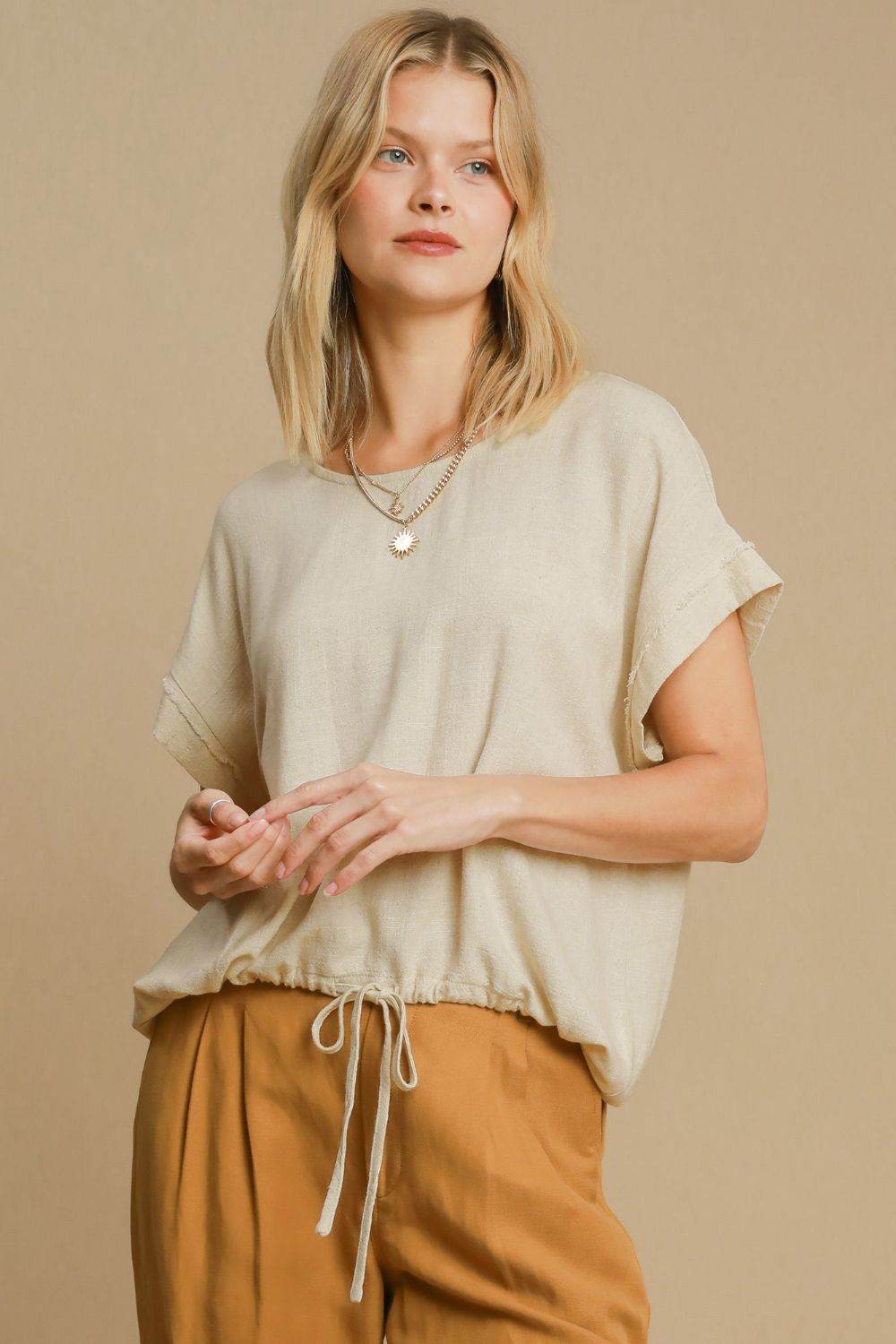 Umgee Drawstring Hem Round Neck Short Sleeve T-Shirt Oatmeal for a perfect OOTD – dress to impress outfits from Amexza