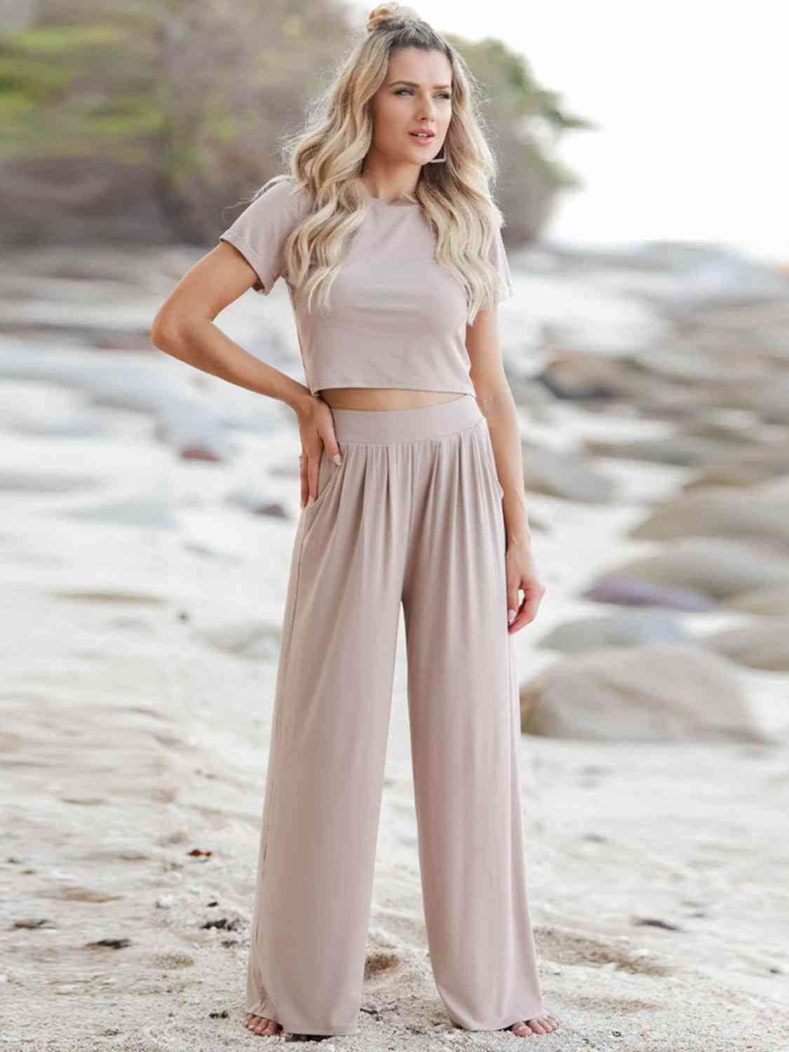 Short Sleeve T-Shirt and Wide Leg Pants Set Tan for a perfect OOTD – dress to impress outfits from Amexza