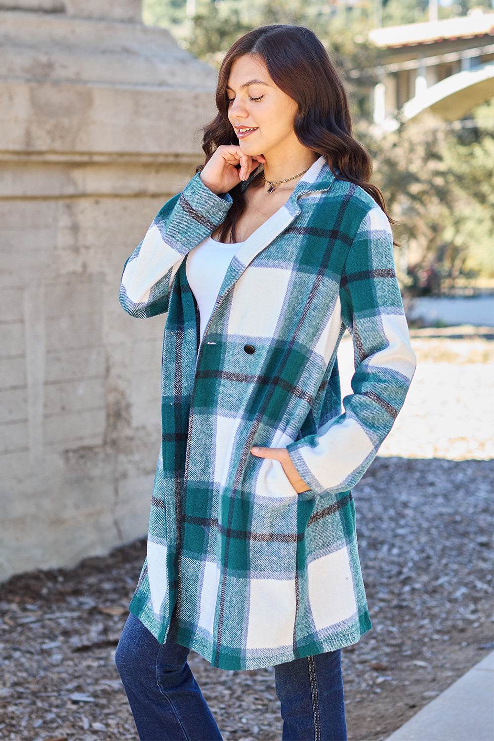 Double Take Full Size Plaid Button Up Lapel Collar Coat for a perfect OOTD – dress to impress outfits from Amexza