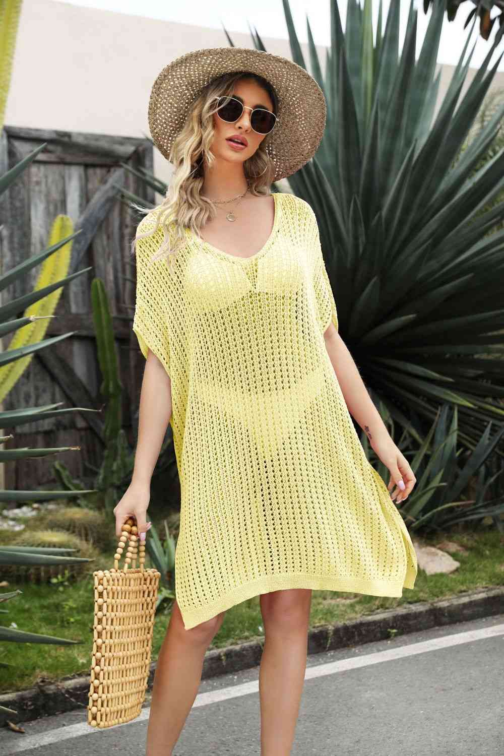 Openwork Side Slit Cover-Up Dress Light Yellow One Size for a perfect OOTD – dress to impress outfits from Amexza