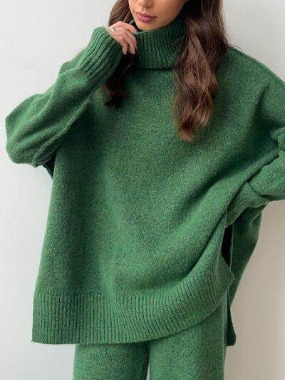 Slit Turtleneck Long Sleeve Top and Pants Sweater Set Dark Green One Size for a perfect OOTD – dress to impress outfits from Amexza