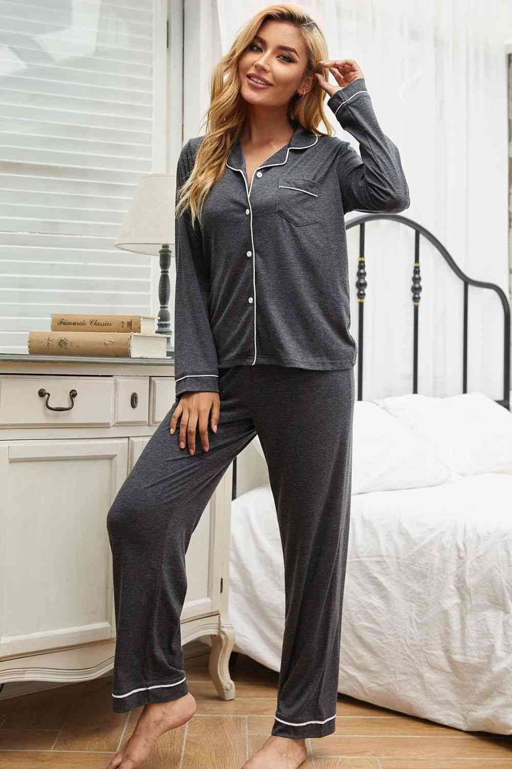 Contrast Piping Button Down Top and Pants Loungewear Set for a perfect OOTD – dress to impress outfits from Amexza