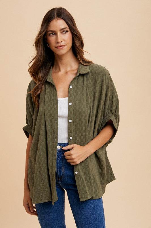 Annie Wear Checkered Button Up Half Sleeve Shirt Olive for a perfect OOTD – dress to impress outfits from Amexza