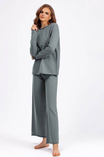 Basic Bae Rolled Round Neck Top and Pants Sweater Set Gray One Size for a perfect OOTD – dress to impress outfits from Amexza