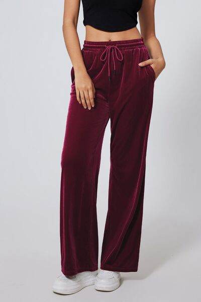 Drawstring Waist Wide Leg Active Pants Burgundy for a perfect OOTD – dress to impress outfits from Amexza