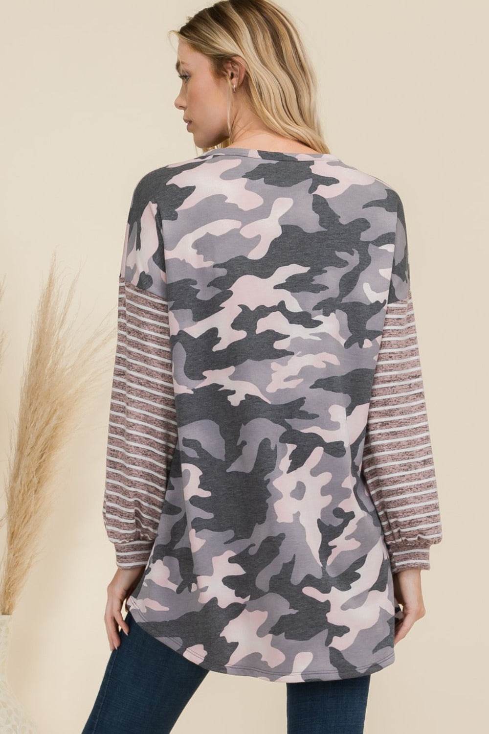 Celeste Full Size Camo Print High-Low T-Shirt with Stripe Sleeves for a perfect OOTD – dress to impress outfits from Amexza