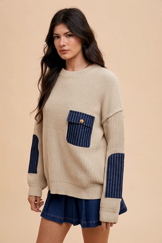 Annie Wear Contrast Round Neck Drop Shoulder Sweater with Patch Pocket