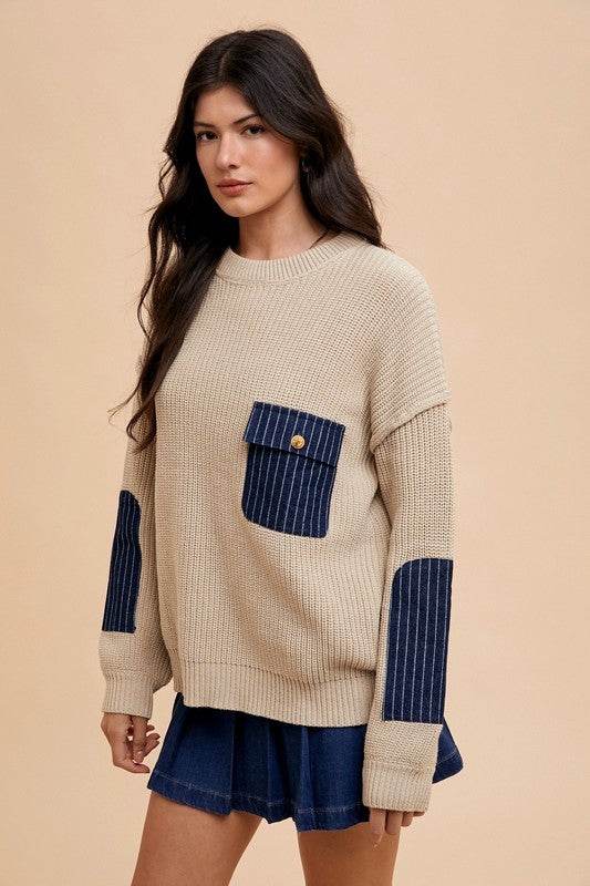 Annie Wear Contrast Round Neck Drop Shoulder Sweater with Patch Pocket - Amexza