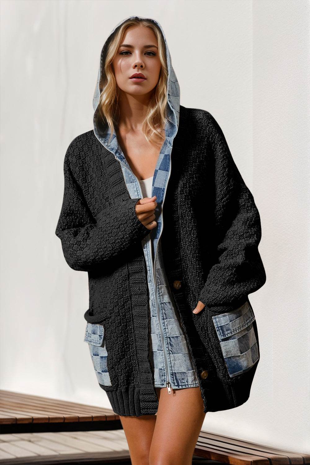 Double Take Full Size Hooded Denim Spliced Sweater Cardigan Black for a perfect OOTD – dress to impress outfits from Amexza