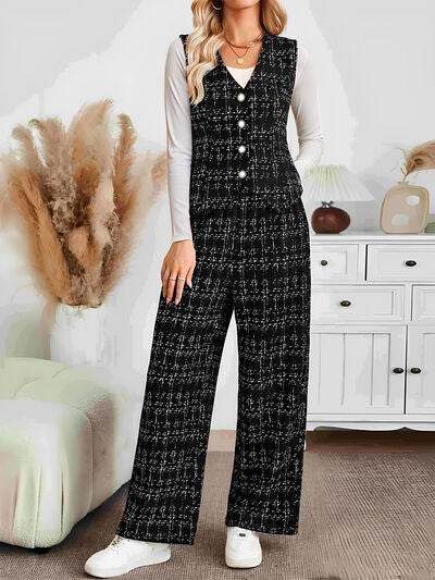 Plaid V-Neck Button Up Vest and Pants Set Black for a perfect OOTD – dress to impress outfits from Amexza