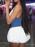 Halter Deep V-Neck Color Block Mini Dress