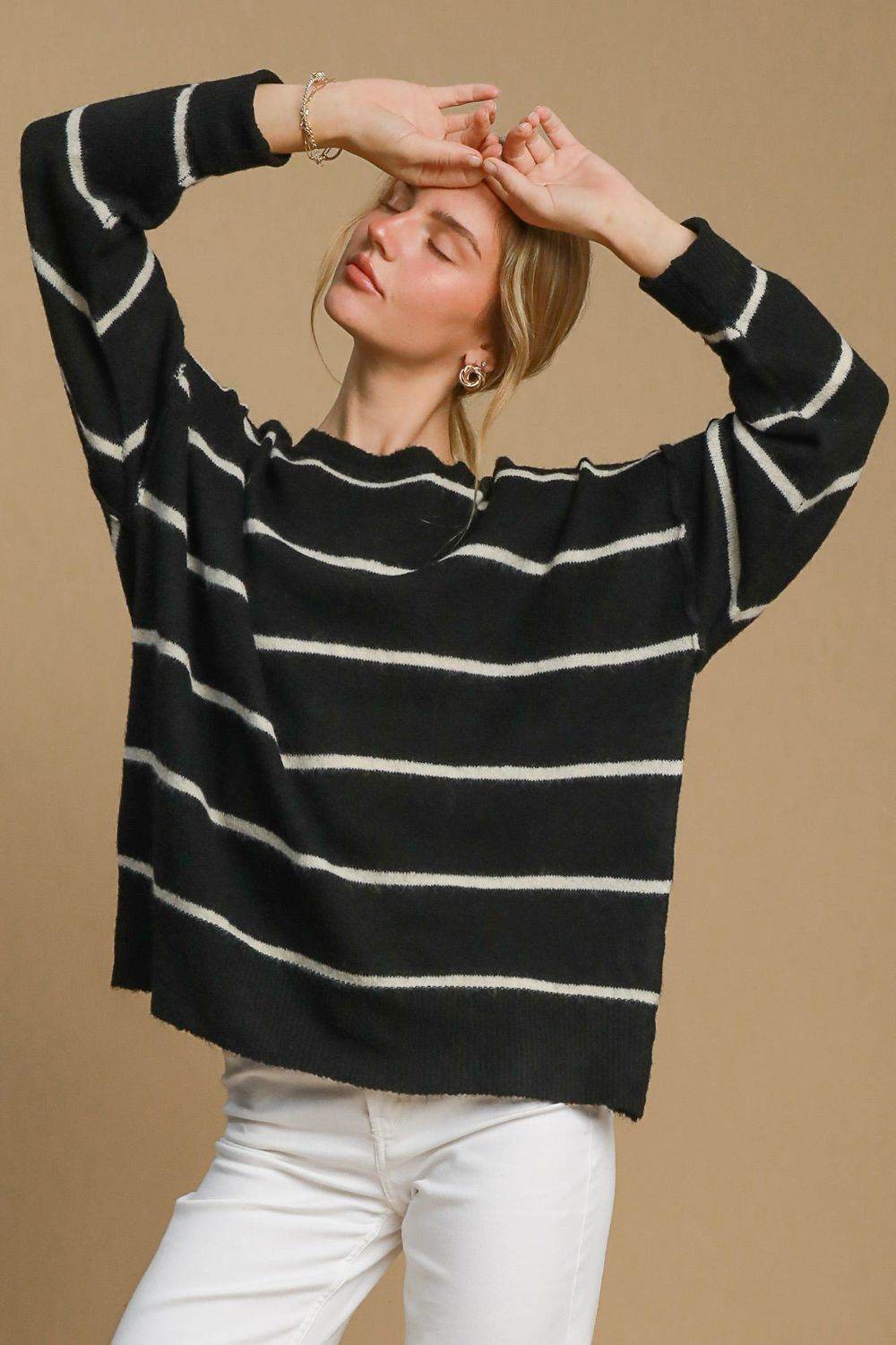 Umgee Wool Blend Striped Round Neck Sweater Black Cream for a perfect OOTD – dress to impress outfits from Amexza