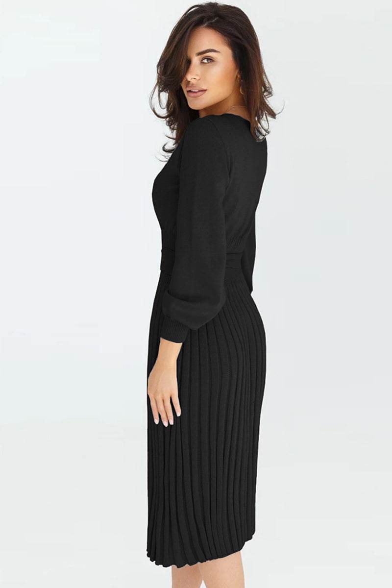 Round Neck Long Sleeve Pleated Sweater Dress for a perfect OOTD – dress to impress outfits from Amexza