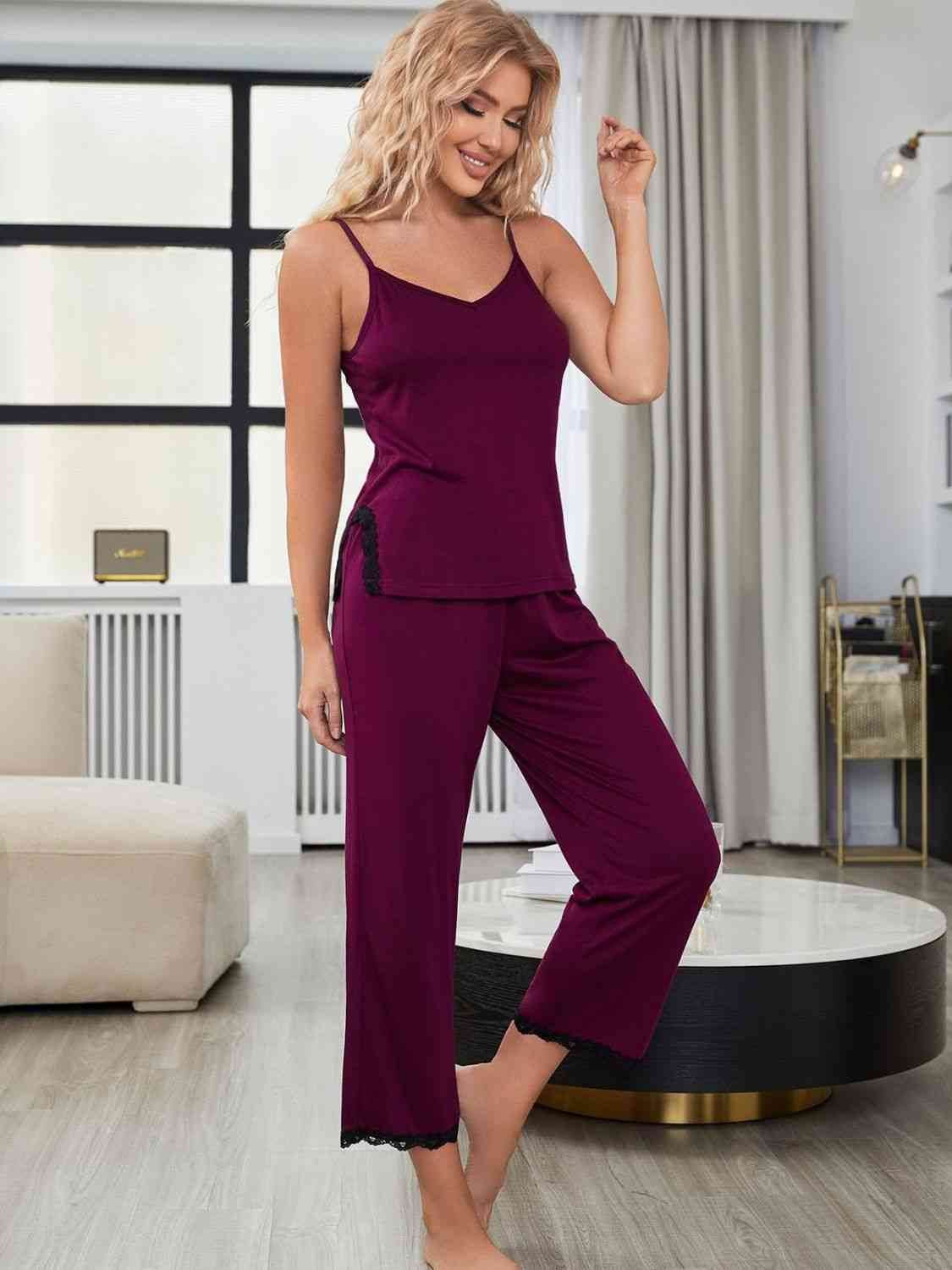 V-Neck Lace Trim Slit Cami and Pants Pajama Set for a perfect OOTD – dress to impress outfits from Amexza