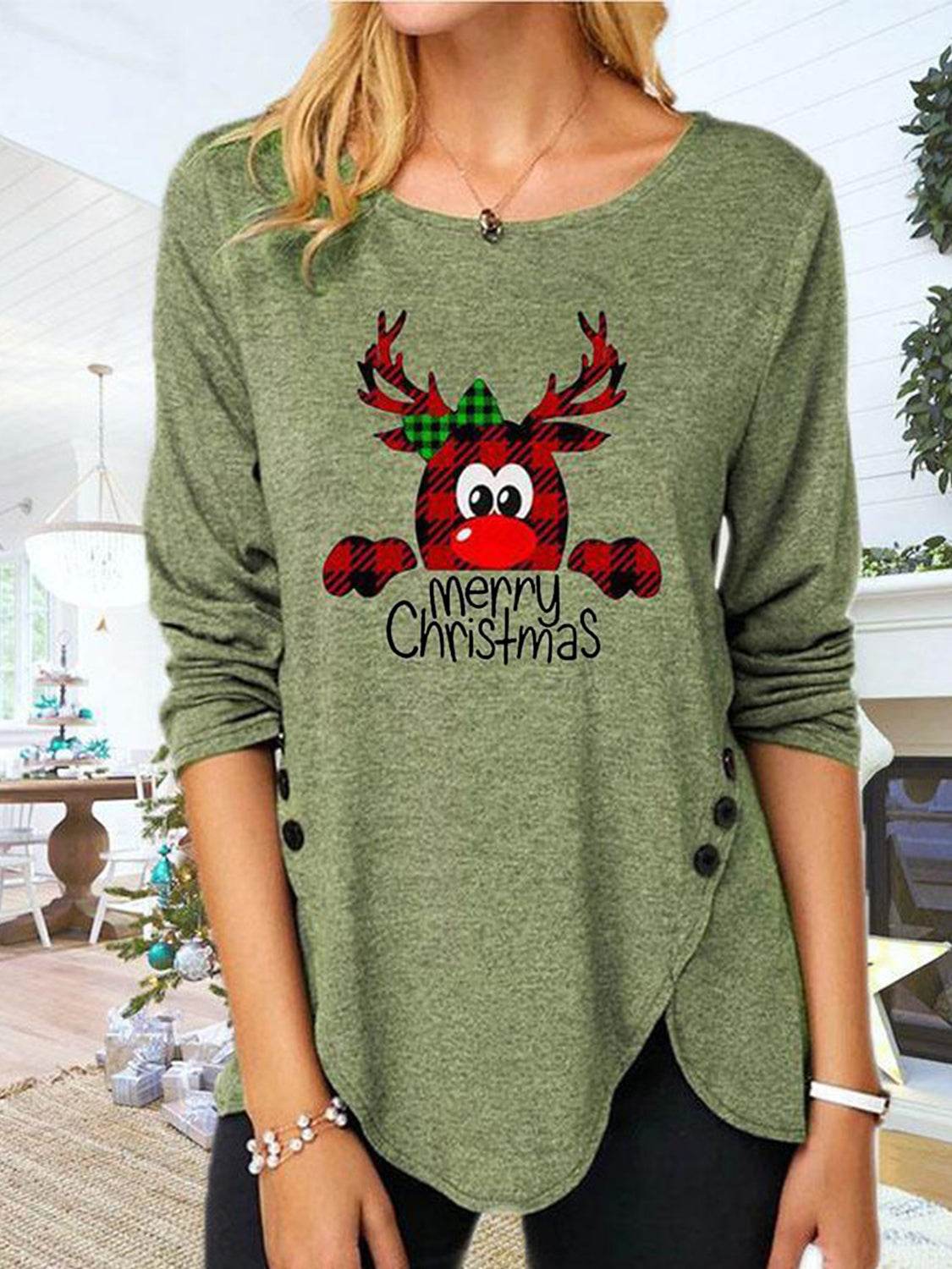 Full Size Reindeer Round Neck Long Sleeve T-Shirt Matcha Green for a perfect OOTD – dress to impress outfits from Amexza