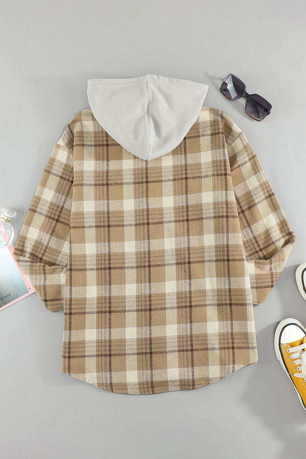 Plaid Button Up Long Sleeve Hooded Jacket for a perfect OOTD – dress to impress outfits from Amexza