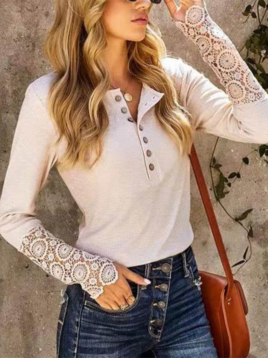 Lace Detail Half Button Round Neck Long Sleeve T-Shirt for a perfect OOTD – dress to impress outfits from Amexza