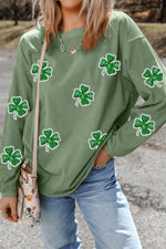 Sequin Lucky Clover Round Neck Long Sleeve Sweatshirt for a perfect OOTD – dress to impress outfits from Amexza