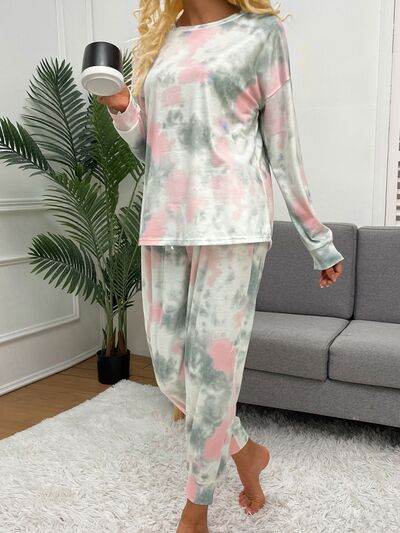 Shiny Tie-Dye Round Neck Top and Drawstring Pants Lounge Set for a perfect OOTD – dress to impress outfits from Amexza