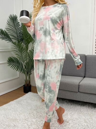 Shiny Tie-Dye Round Neck Top and Drawstring Pants Lounge Set for a perfect OOTD – dress to impress outfits from Amexza