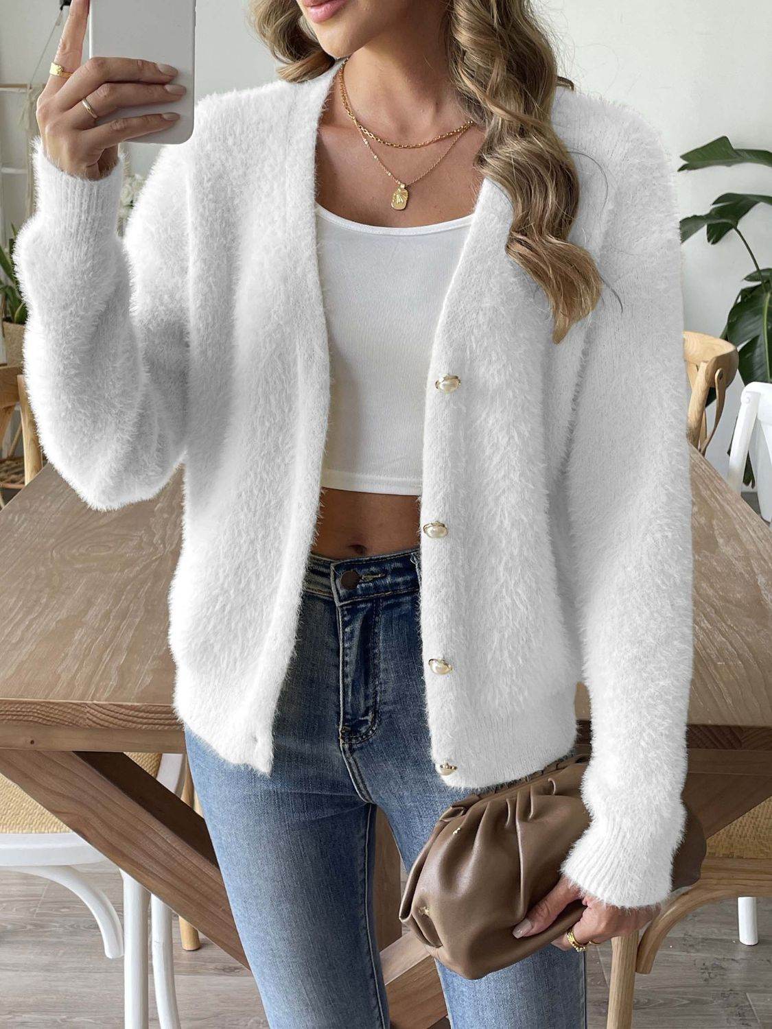 Button Up V-Neck Long Sleeve Cardigan White for a perfect OOTD – dress to impress outfits from Amexza