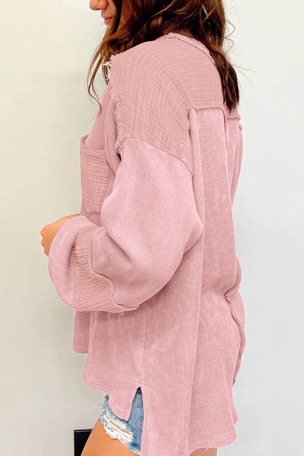 Exposed Seam Round Neck Long Sleeve Sweatshirt - Amexza