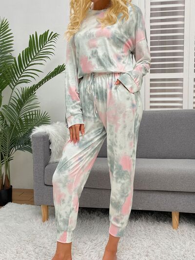 Shiny Tie-Dye Round Neck Top and Drawstring Pants Lounge Set Gray for a perfect OOTD – dress to impress outfits from Amexza