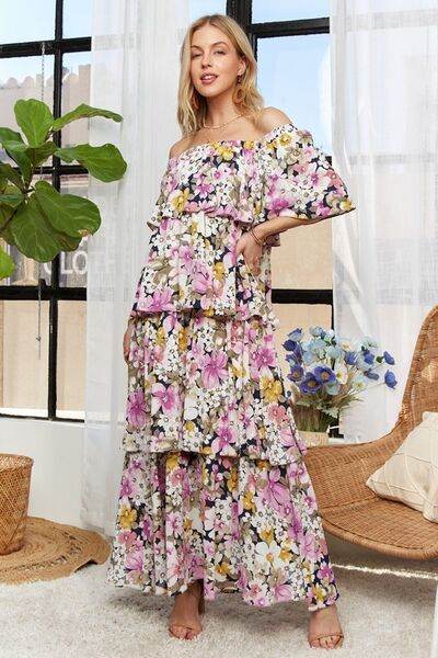 ADORA Layered Floral Off-Shoulder Short Sleeve Maxi Dress for a perfect OOTD – dress to impress outfits from Amexza