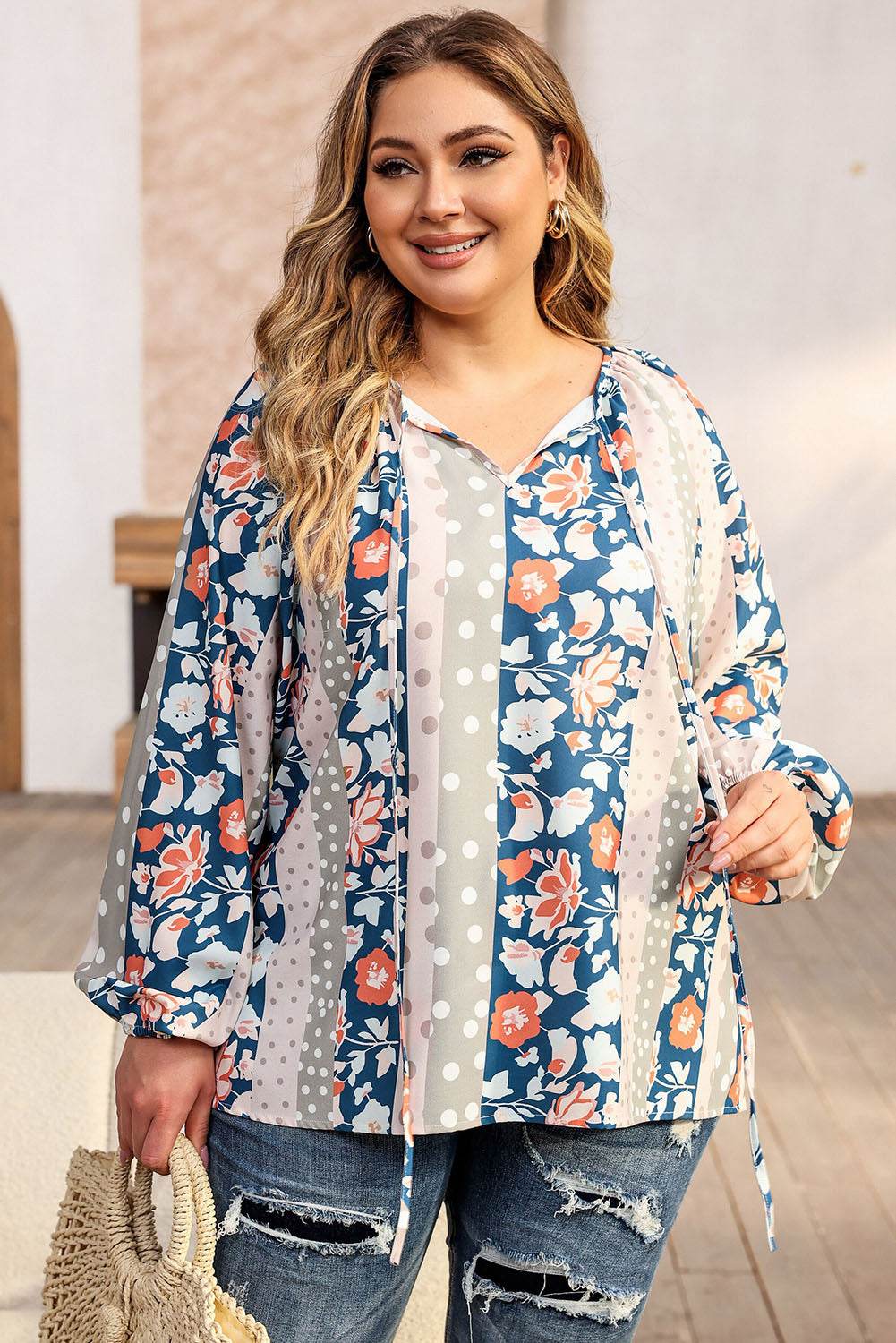 Plus Size Floral Tie Neck Blouse - Amexza