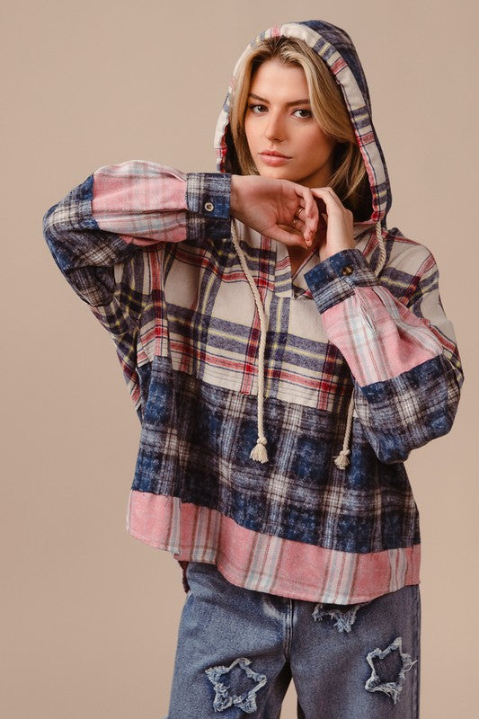 BiBi Drawstring Plaid Drop Shoulder Hoodie