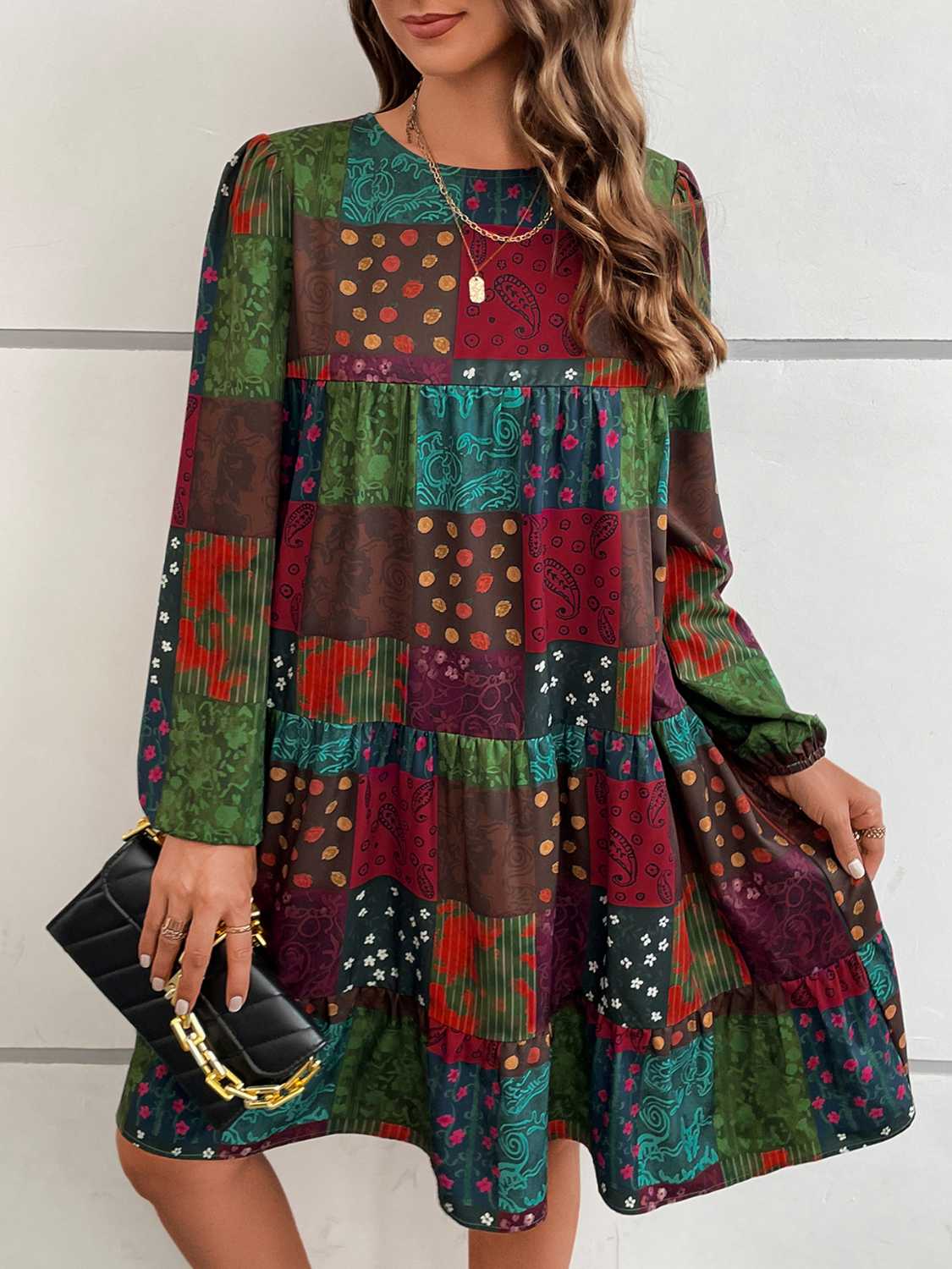 Patchwork Round Neck Long Sleeve Dress - Multicolor / S